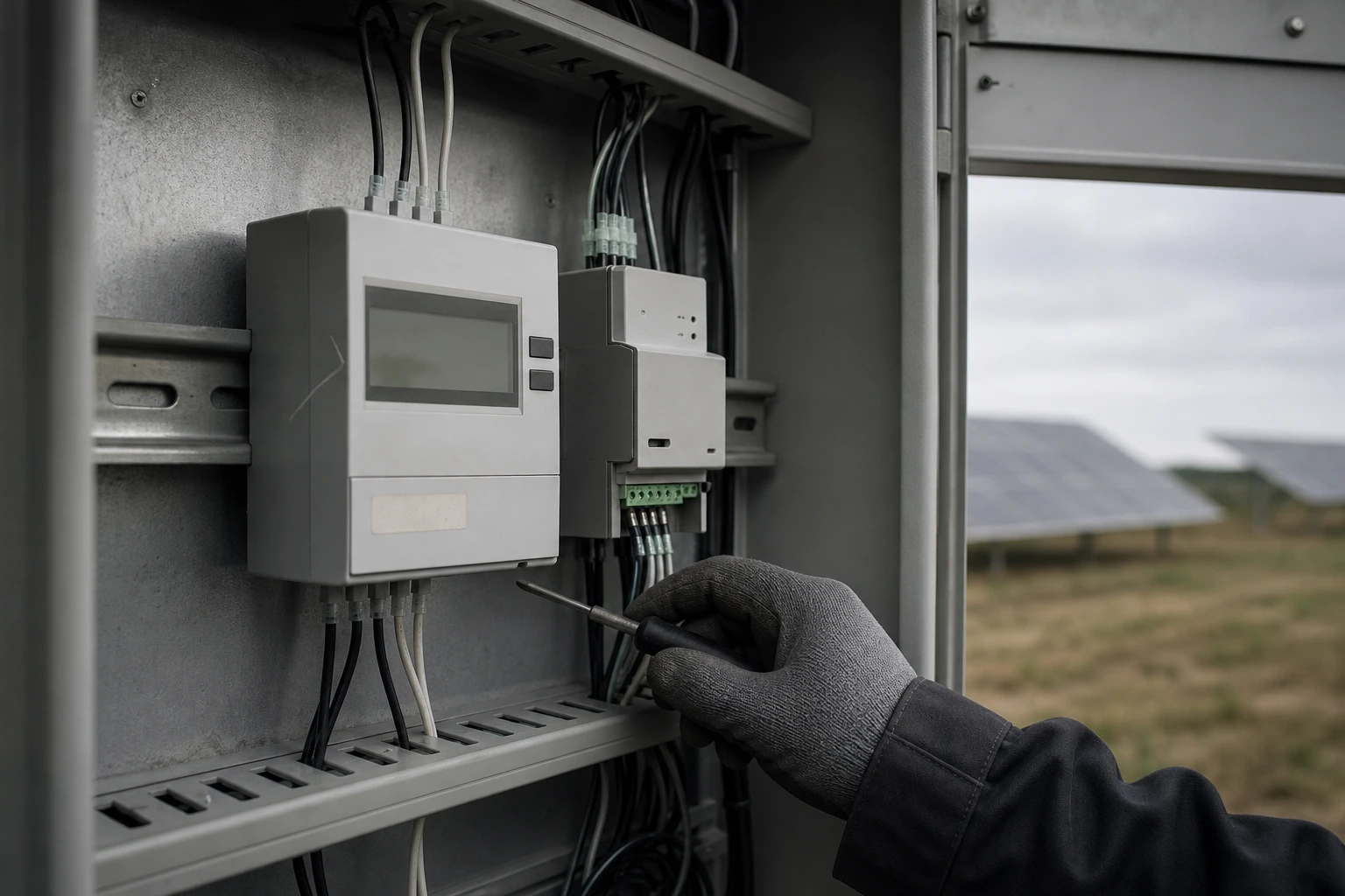 Open metering cabinet at the edge of a solar field with a digital electricity meter and a grey communication module on a din rail, a gloved hand holding a screwdriver