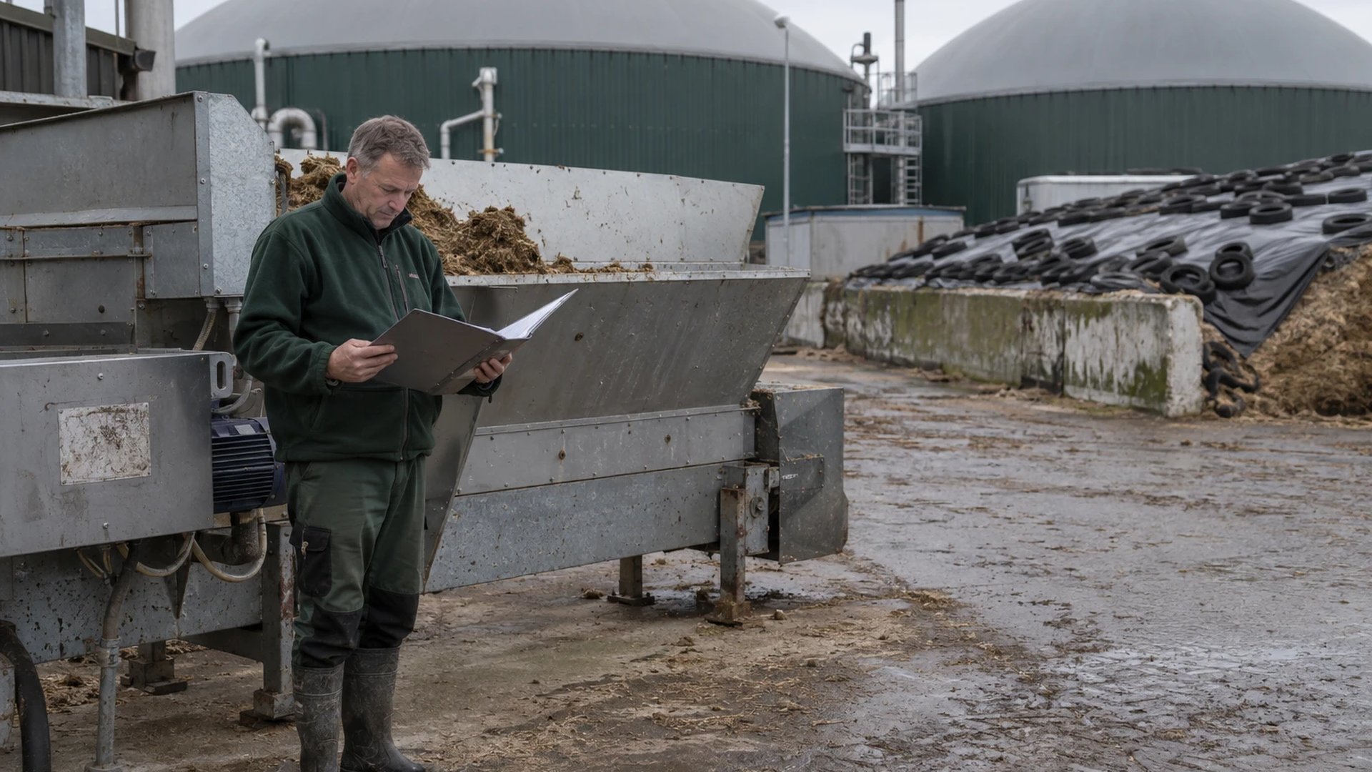 Operator of a biogas plant in the Emsland reads a grey binder at the solids feeder, two digesters behind him