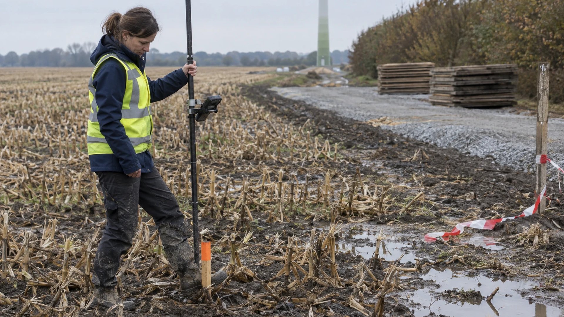 Surveyor staking out a wind turbine position on a harvested maize field in the Emsland region of Lower Saxony