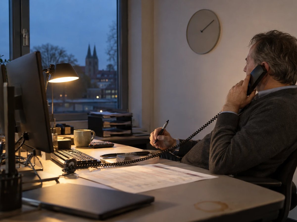 Trader at the scheduling desk of a direct marketer on the phone in the early evening, monitors turned away