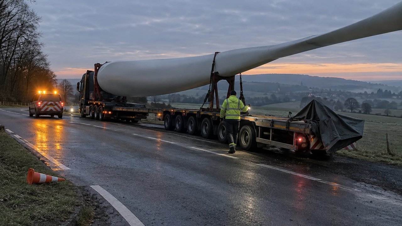 Rotor blade transport in a lay-by on a country road in North Hesse at dawn, the escort driver checking the straps