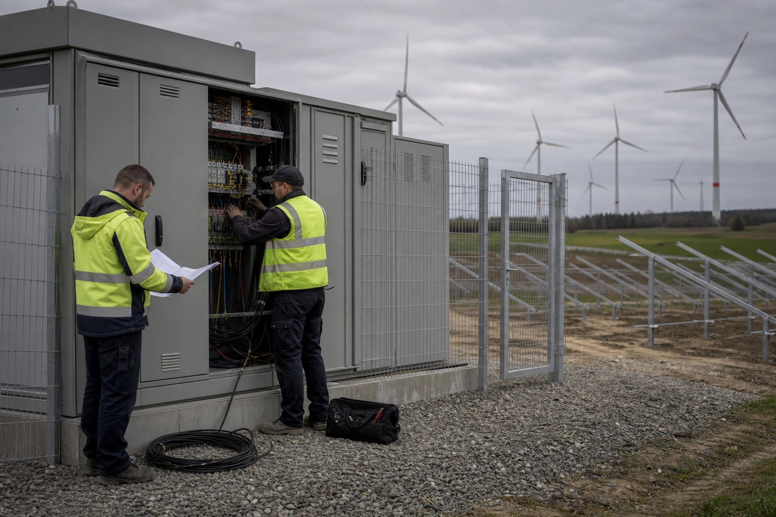 Two utility workers in hi-vis vests stand by a fenced grid connection substation with grey switchgear, wind turbines and a solar row behind on a grey day