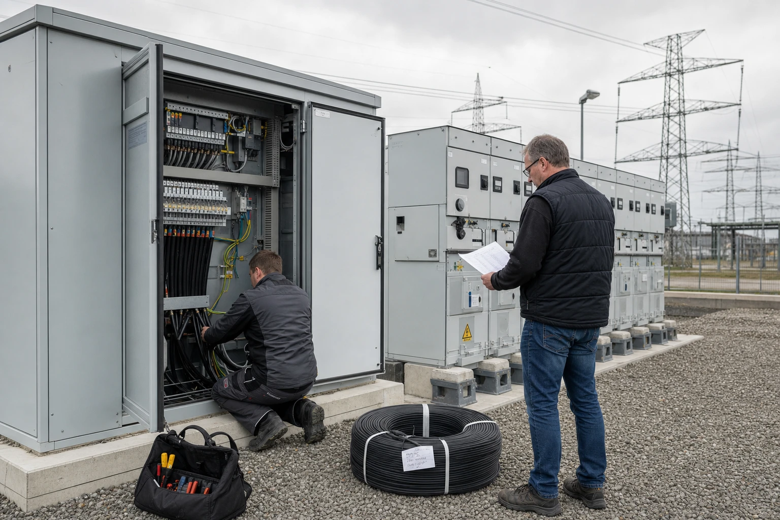 A technician kneels to check bundled cabling at an open grey medium-voltage cabinet while a colleague holds a printed connection schedule in a grid station yard