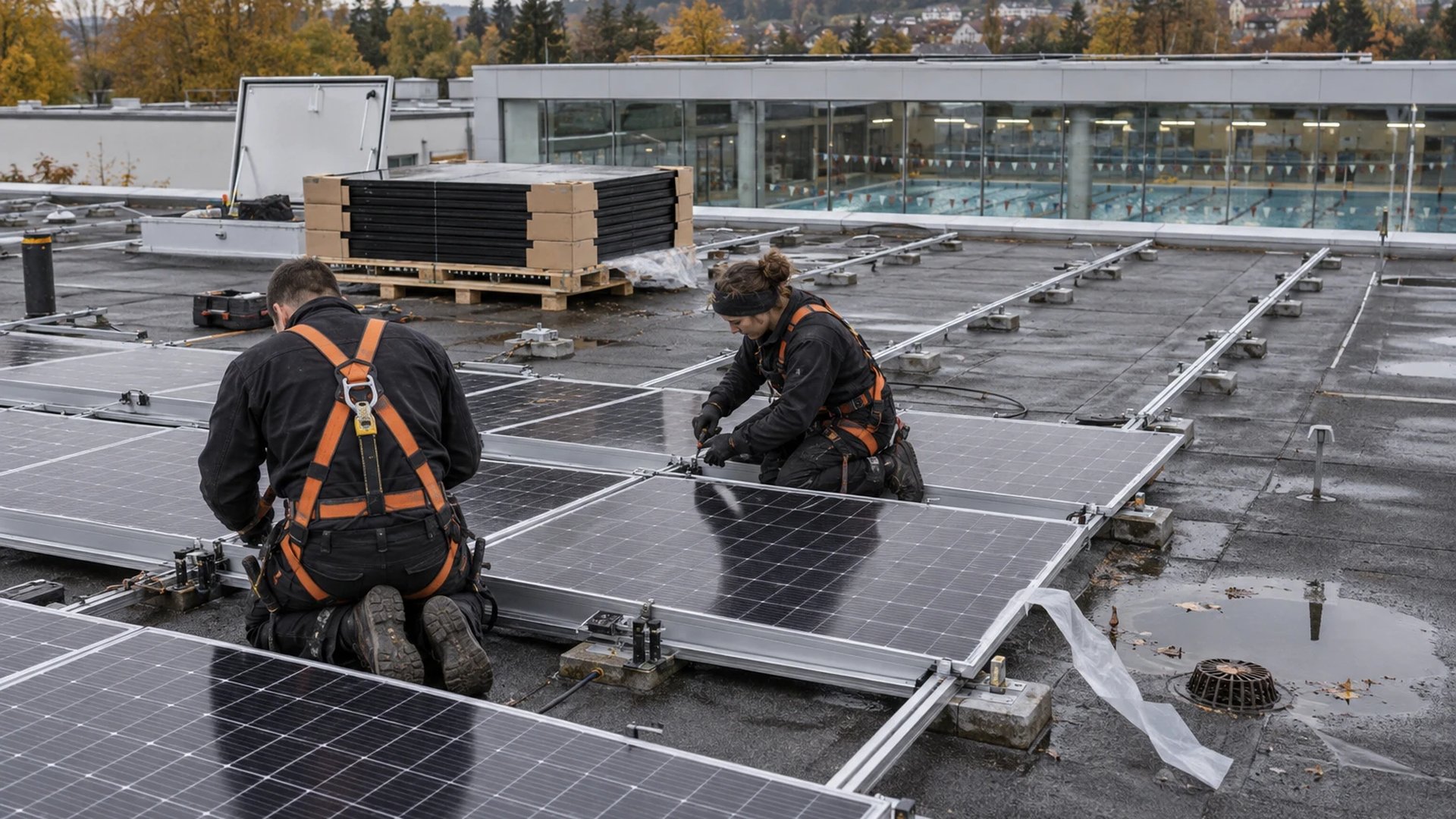 Two installers in fall-arrest harnesses fixing solar modules on the wet flat roof of a municipal swimming pool