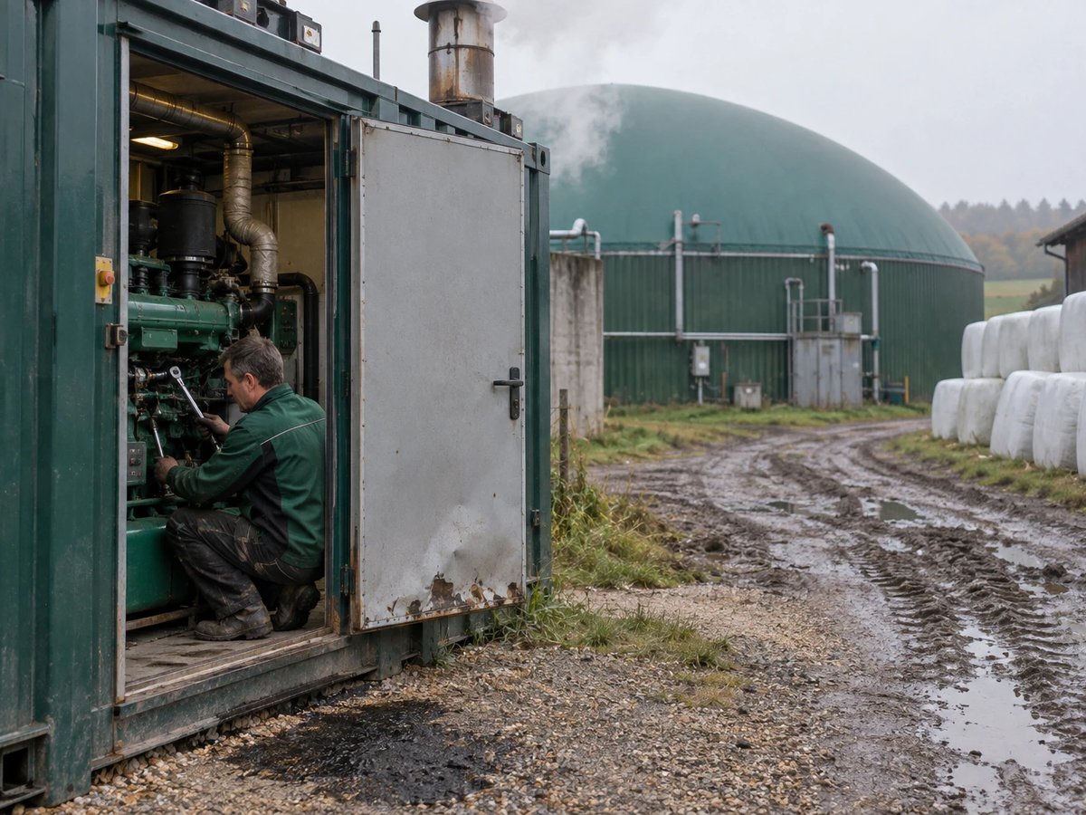 A service technician crouches at the CHP container of a farm biogas plant, the green digester roof behind him