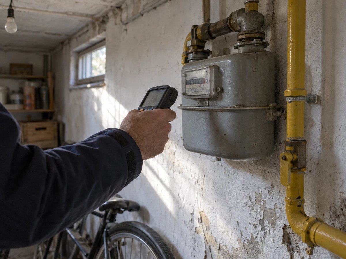 Meter reader from a municipal utility holds a handheld device up to a grey diaphragm gas meter in a terraced house basement