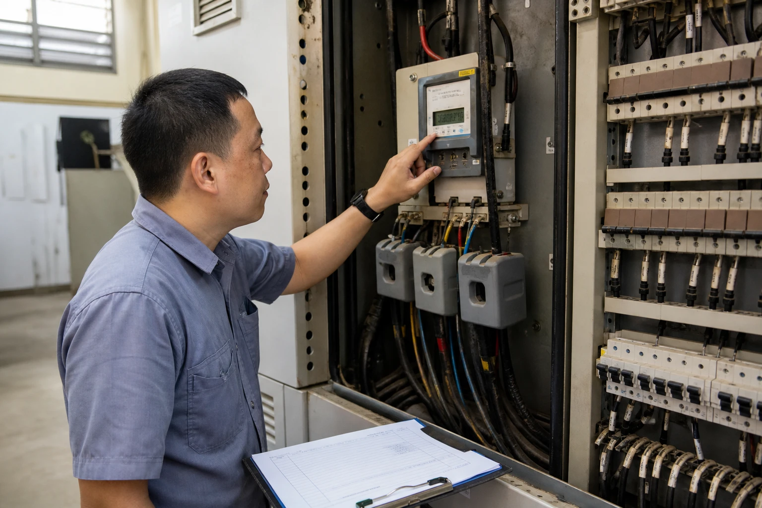 Technician reading an industrial energy meter in a steel metering cabinet with rows of breakers and cables