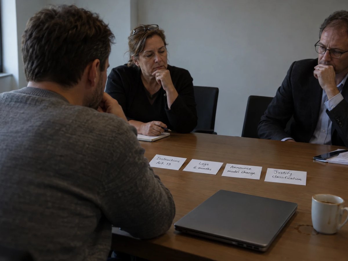 IT lead, procurement officer and data protection officer in front of four index cards with requirements for an AI vendor