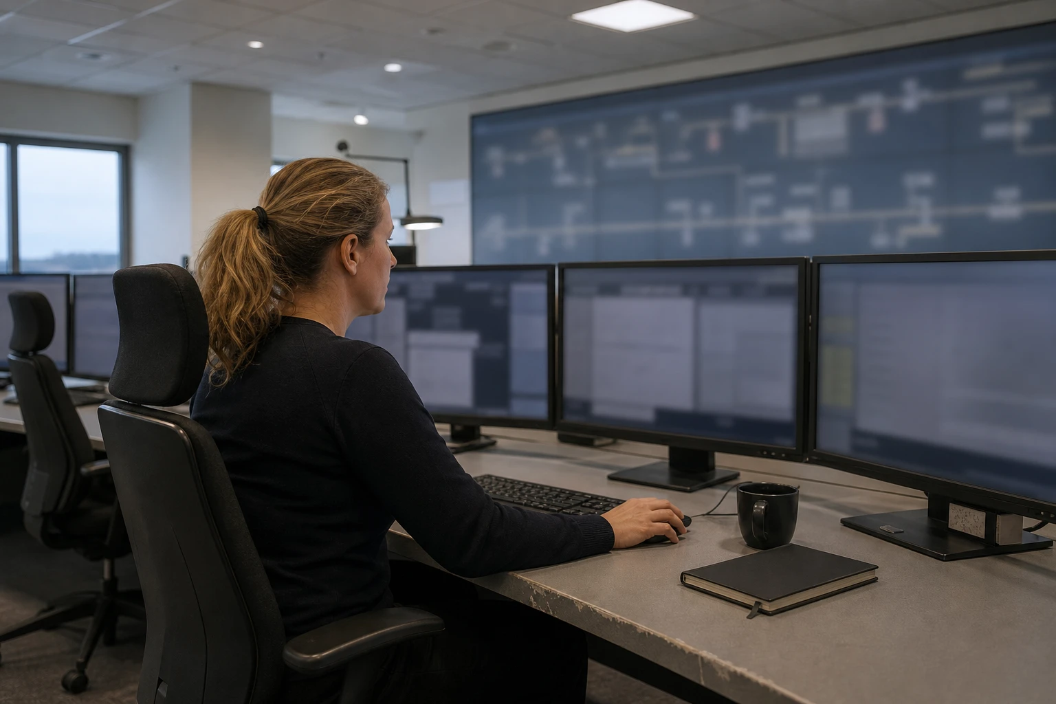 Control room of a regional grid operator, an operator sits at a desk facing several matte monitors, a large dark wall display in the background