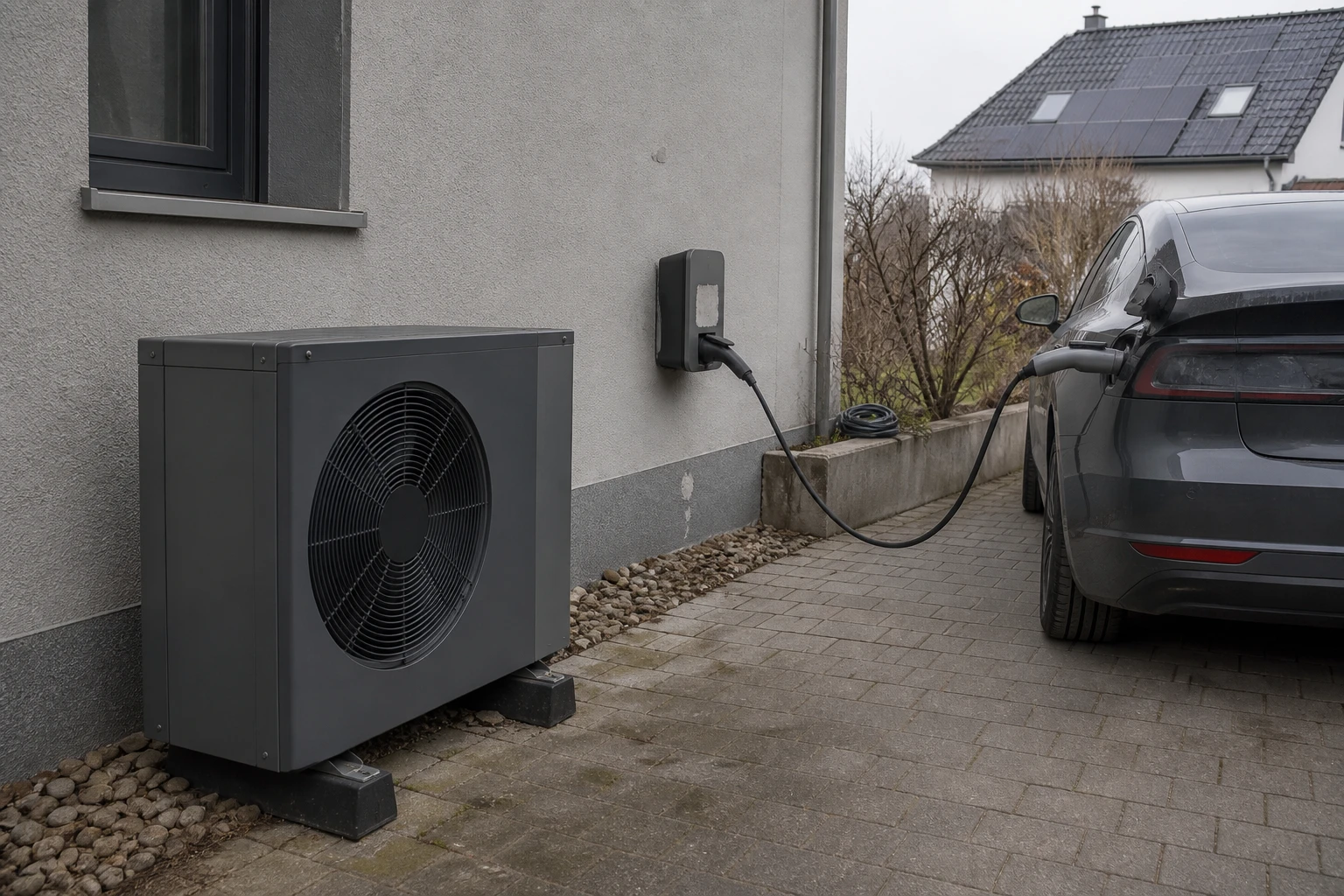 Side yard of a single-family home with a grey heat pump against the wall, a wall-mounted charging point and a connected electric car, a neighbouring roof with solar modules in the background