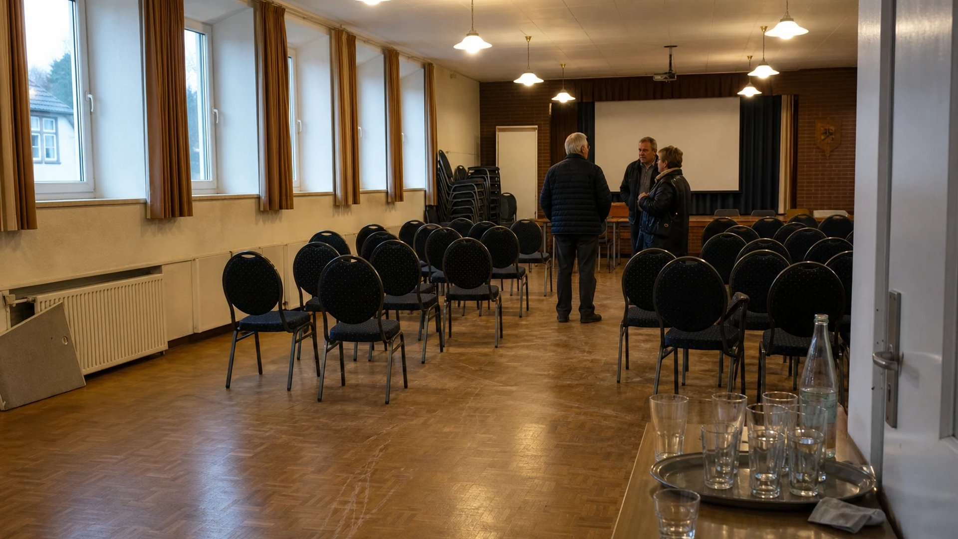 Village hall after an information evening on shared solar power, chairs pushed into crooked rows, a few people still talking