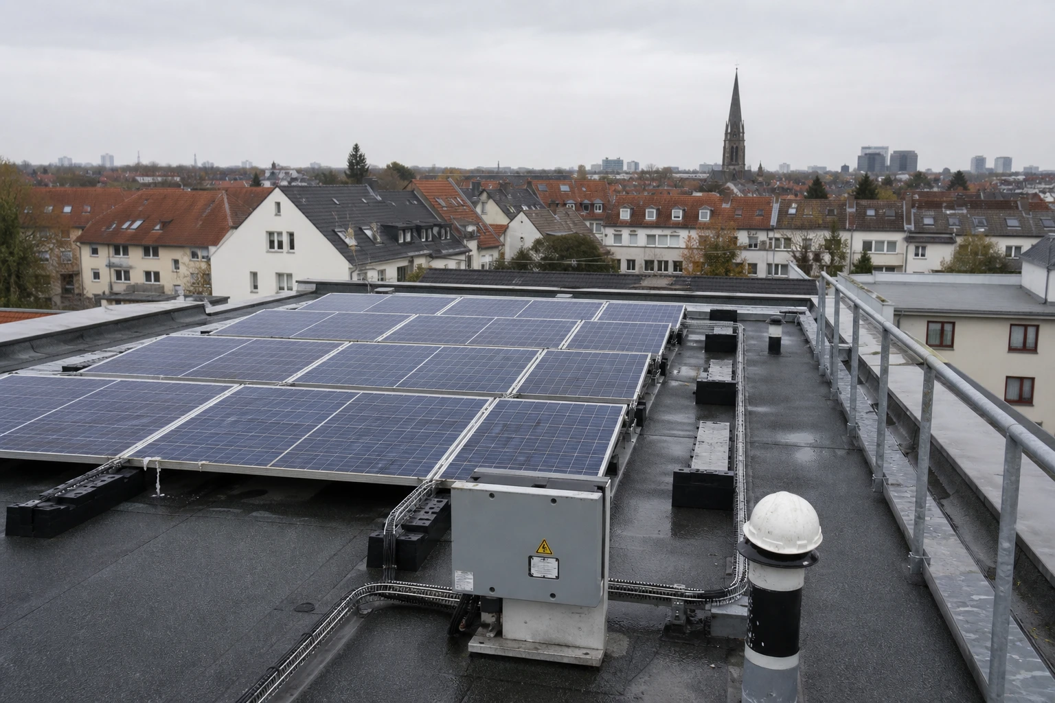 A small rooftop solar array on a residential apartment block under a flat grey sky, with cable trays and a maintenance walkway over German rooftops