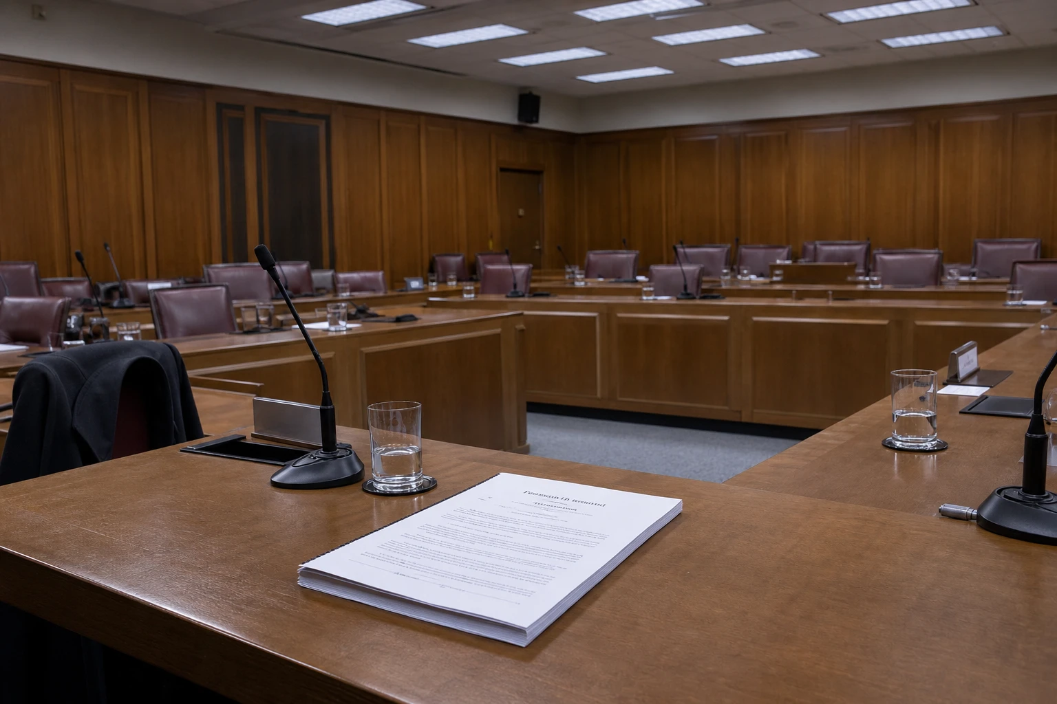 An empty wood-panelled committee room after a hearing with desks, microphones and a printed legislative draft on the table