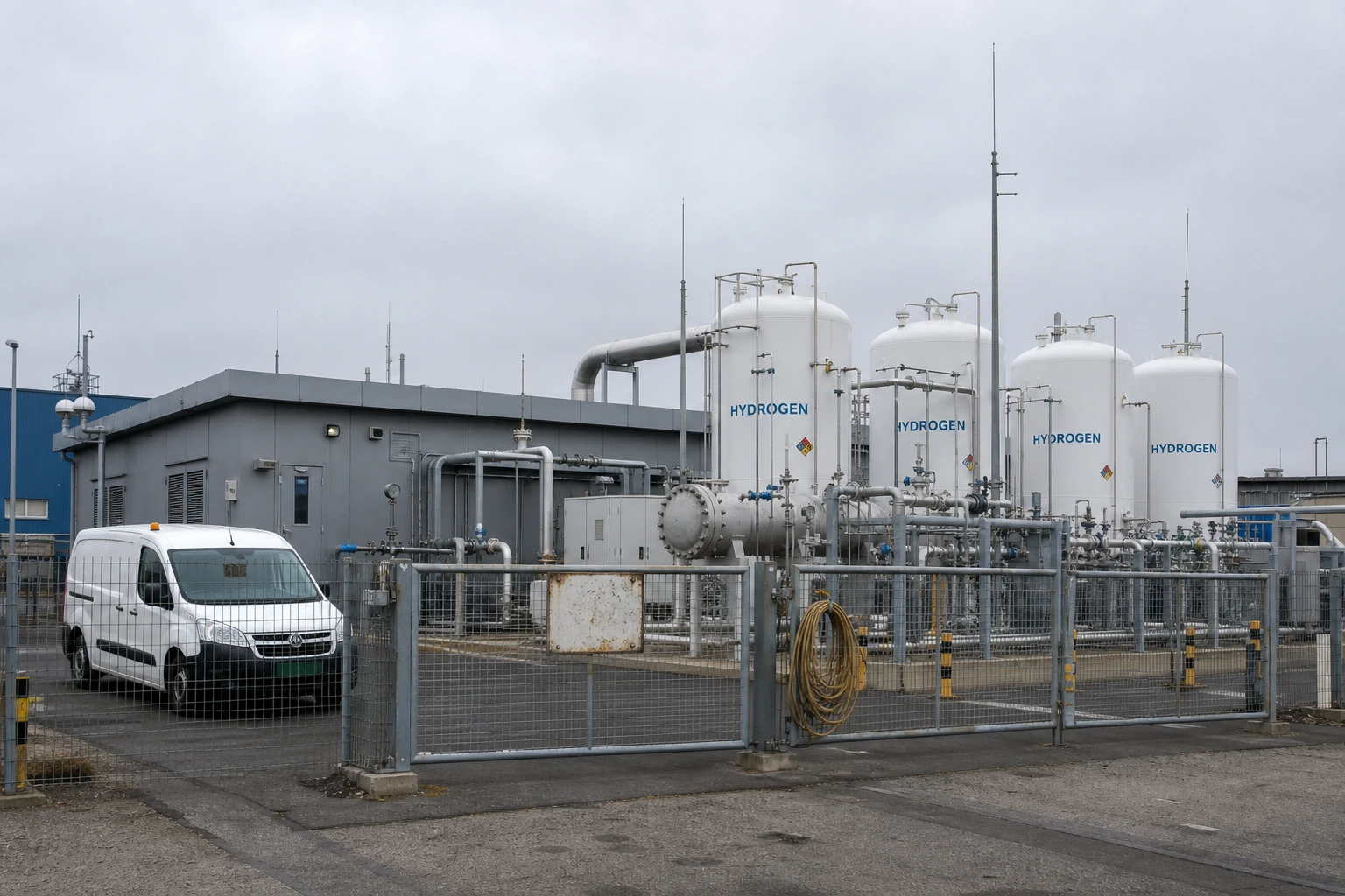 A hydrogen storage and compressor facility on an industrial site with white cylindrical storage vessels, steel piping and a low control building under a grey sky