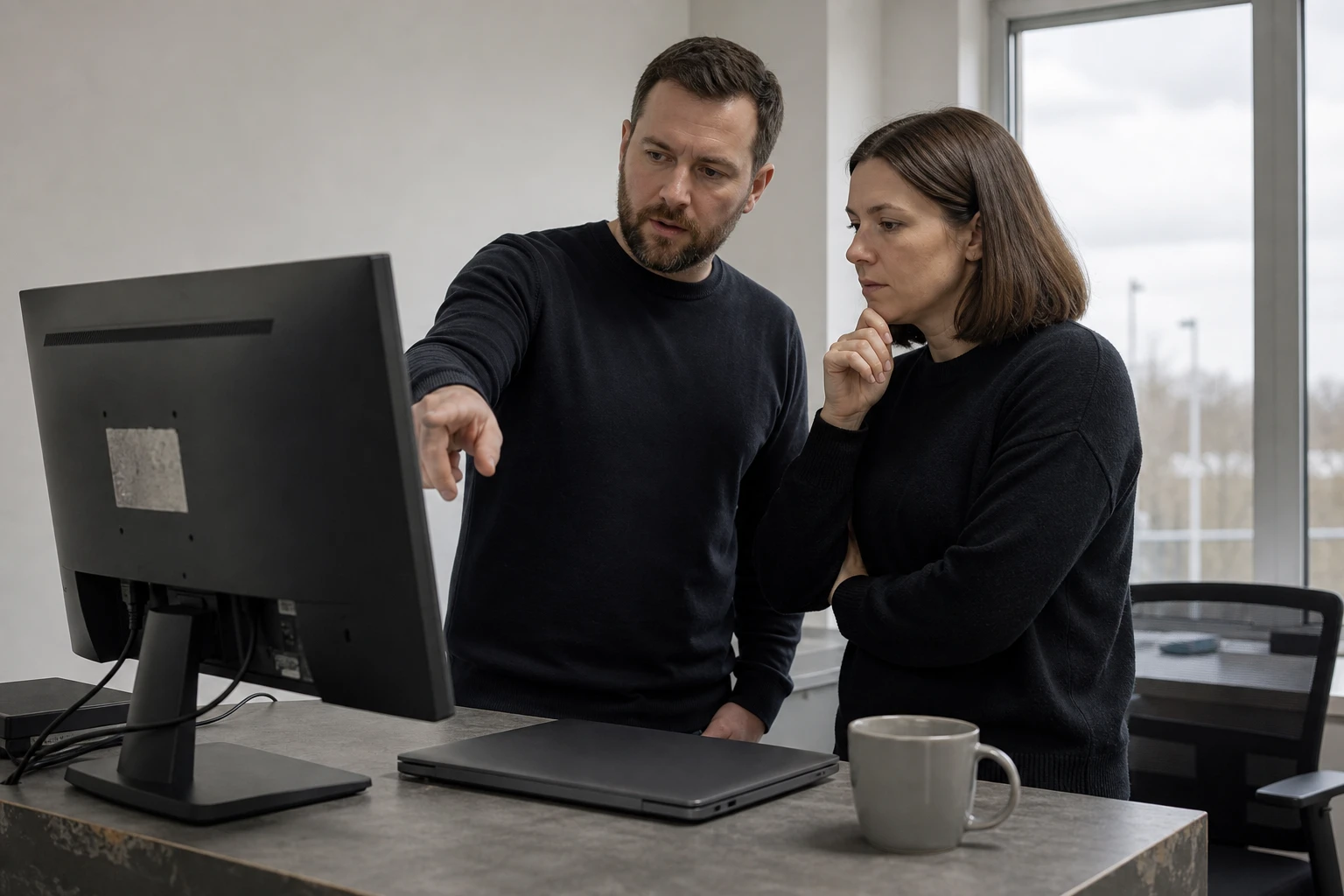 Two colleagues at a desk in a charge point operator back office, one pointing at a monitor turned away from the camera, a closed laptop in front