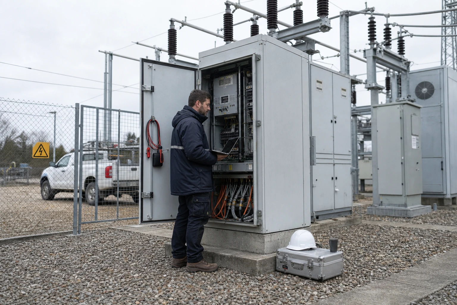Grid engineer checking an open medium-voltage switchgear cabinet at a substation