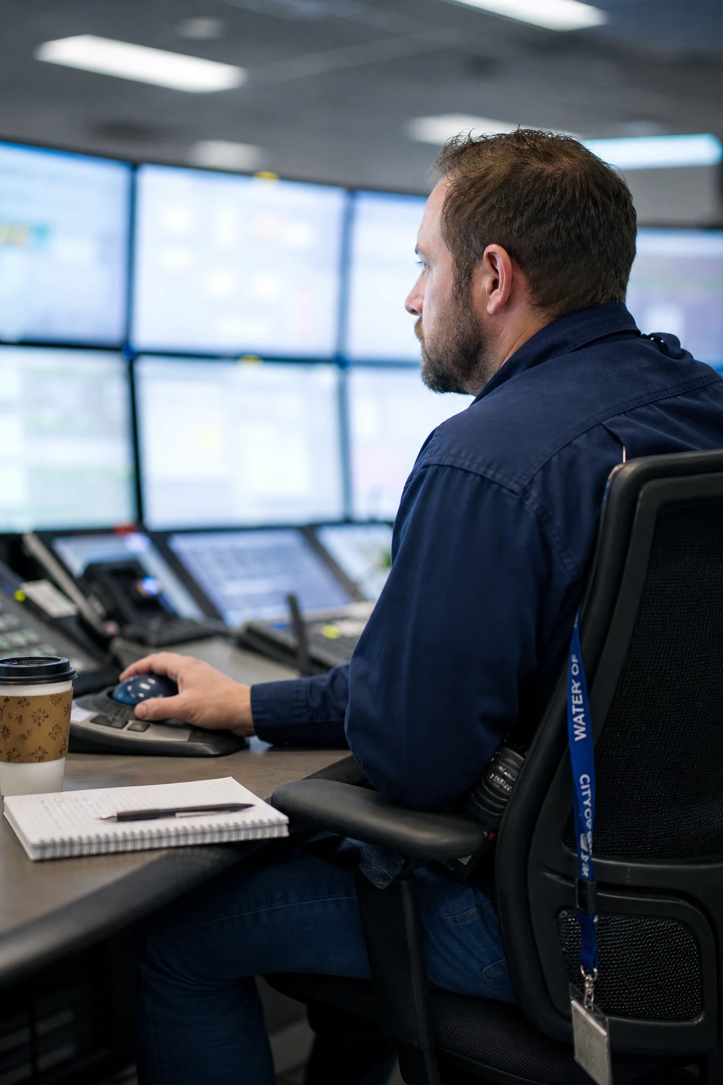 Control room operator at a grid control desk, the monitors deliberately out of focus