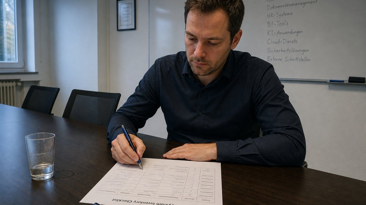 Compliance officer working through an AI system inventory checklist in a German mid-market company meeting room