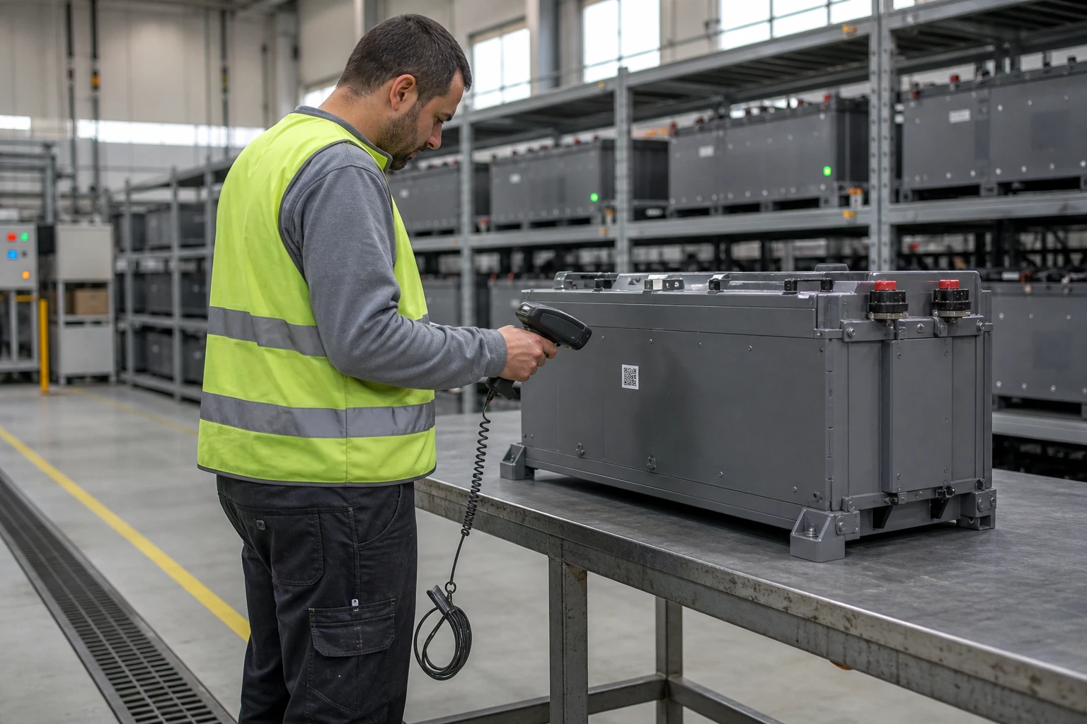 Worker in a hi-vis vest scanning a QR label on a large grey industrial battery with a handheld scanner in a battery assembly hall, with shelves of further battery modules in the background