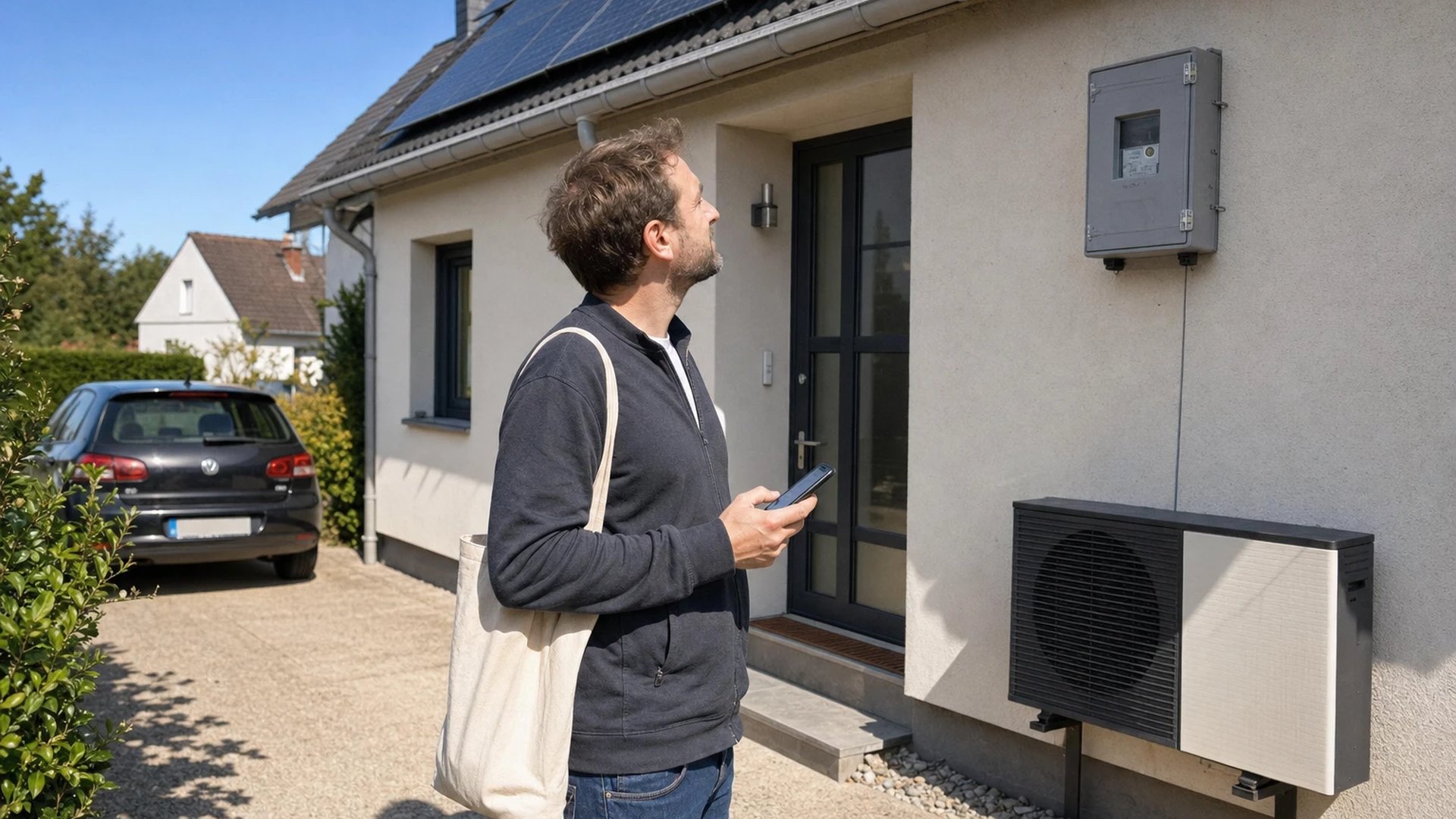 A resident stands in the driveway of a single-family house and looks up at the grey electricity meter box on the wall, with rooftop solar above.