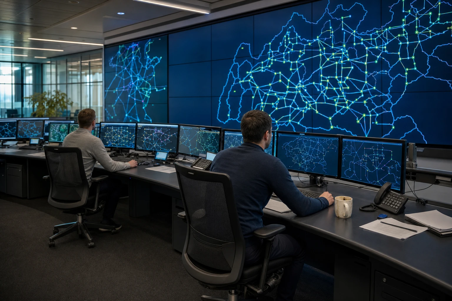 Control room of a European distribution system operator, two operators looking at a video wall with an abstract grid schematic.