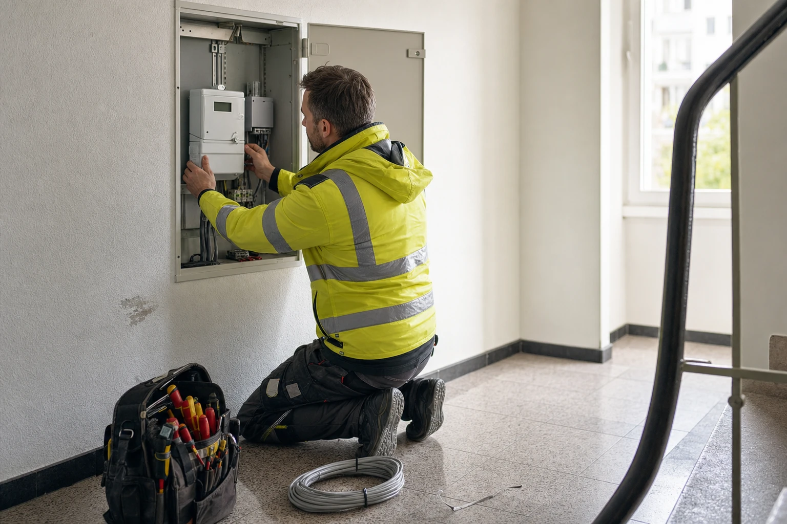 A technician in a high-visibility jacket installs a modern digital electricity meter in a meter cabinet in a hallway.