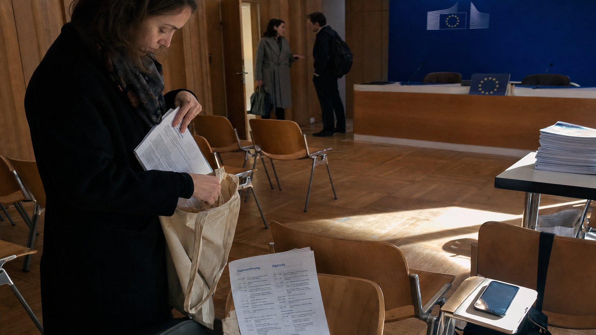 Brussels institutional press room after a European Commission briefing, journalists packing press kits with German and English headings into bags, empty wooden chairs and a folded EU placard on the rostrum
