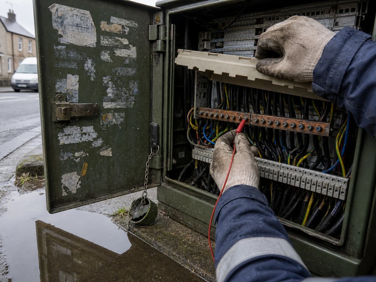 Open cable distribution cabinet at the kerb, two gloved hands holding a terminal cover and a test lead against a busbar