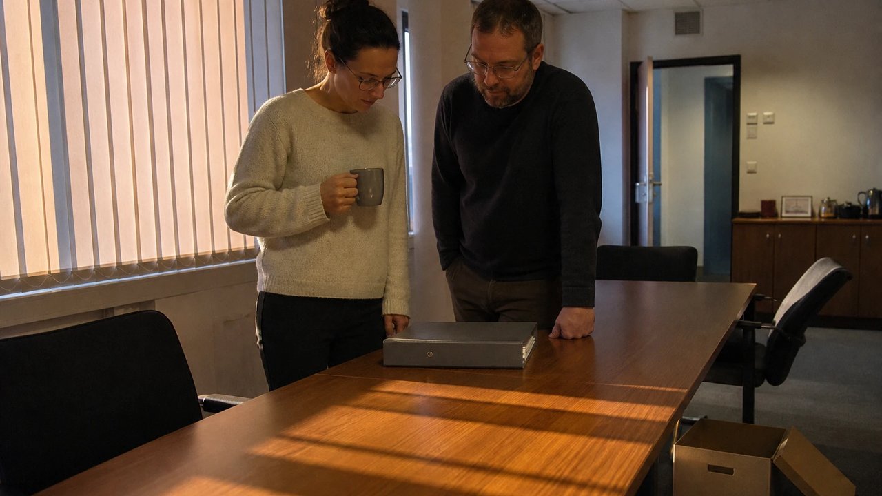Two colleagues standing in the evening at the end of a long table in a utility back office, a closed binder between them