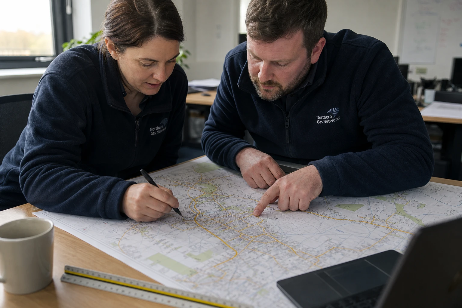 Two planners over a large printed gas network map at a table, one tracing a route, the other marking a region