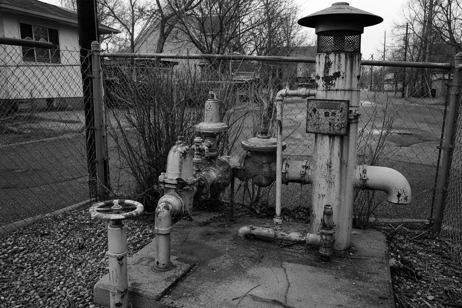 A weathered local gas pressure regulating station behind a fence on a residential street corner with rusty pipes and a faded warning plate