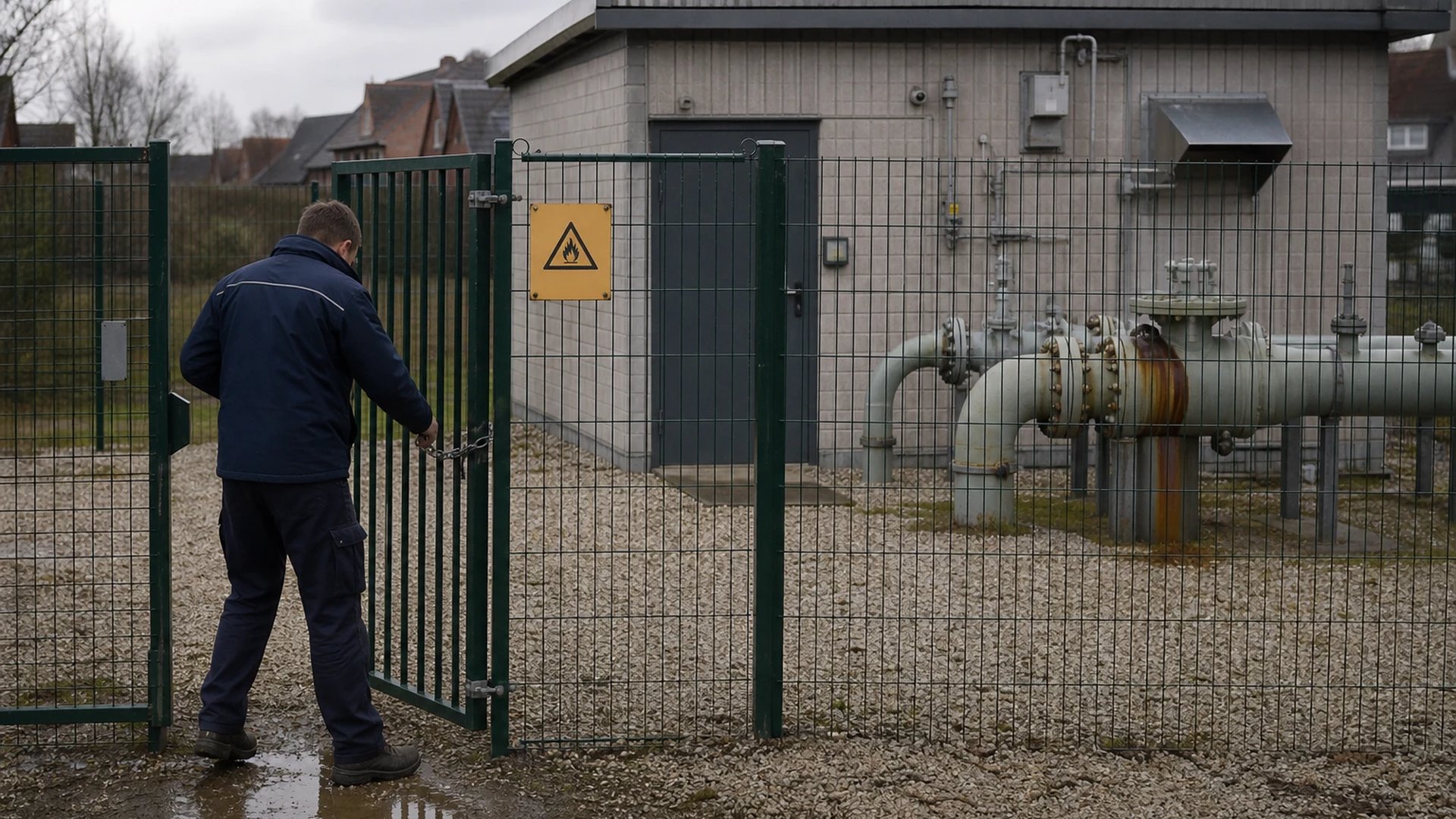Technician at the open gate of a fenced gas pressure regulating station on the edge of a town, pipework with a rust streak behind the mesh