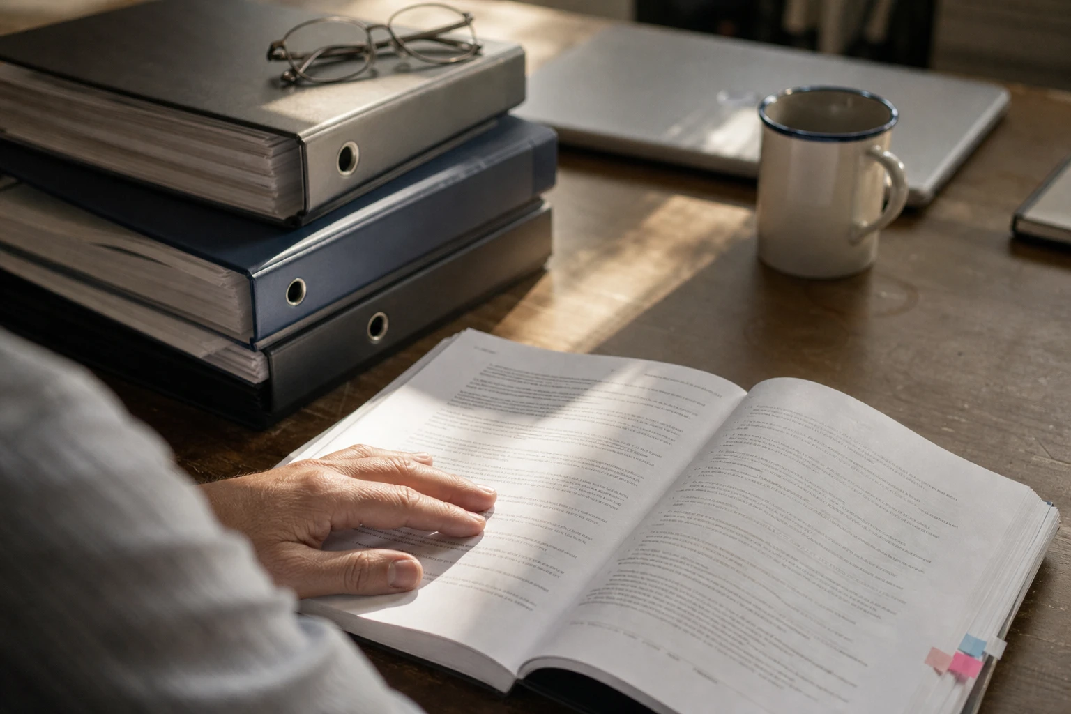 A desk in a regulatory affairs office with an open printed document and several plain ring binders, a hand resting on the page