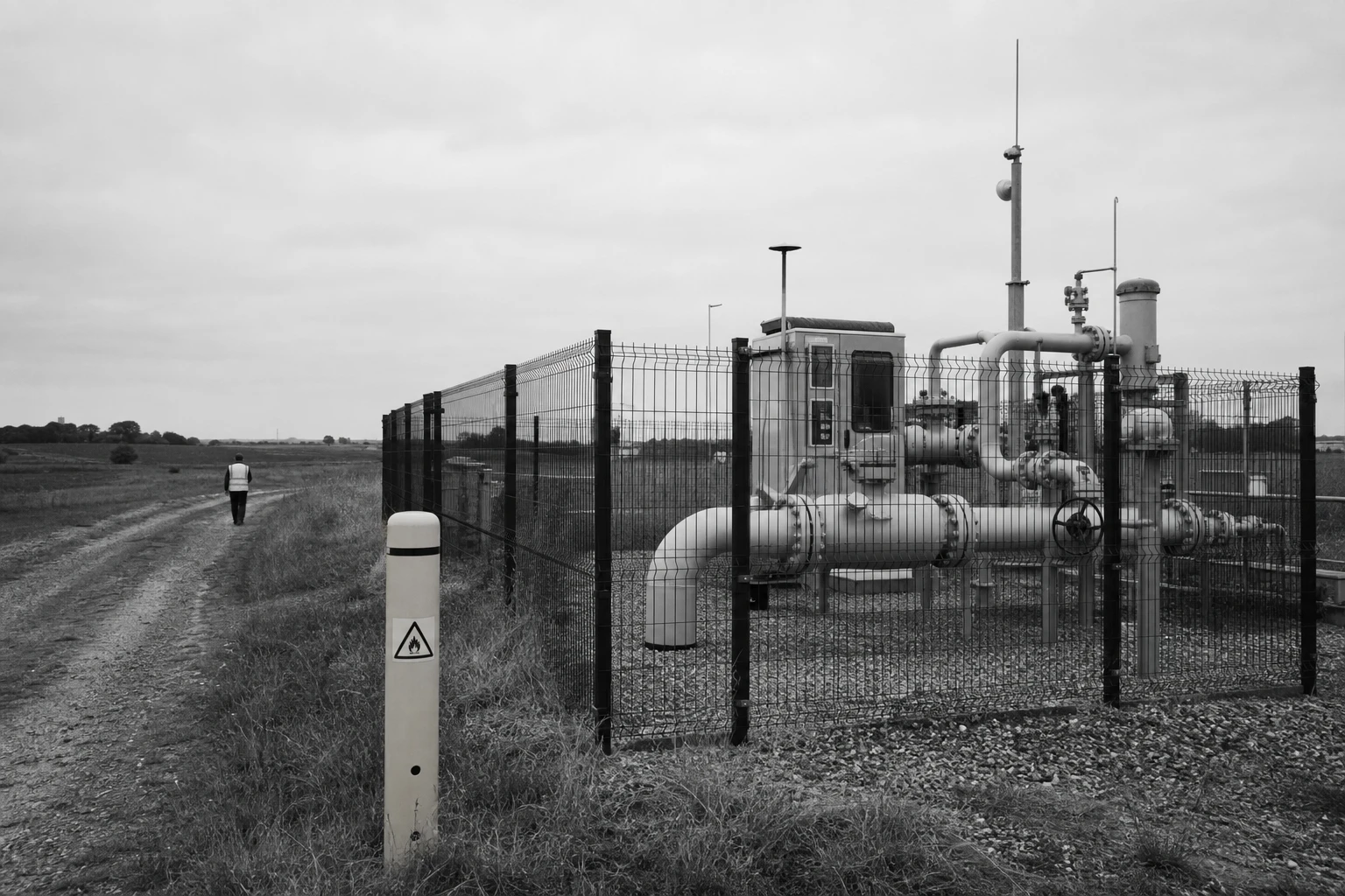 A fenced gas transmission station at the edge of farmland with painted steel pipework, valves and a small control kiosk under a grey sky