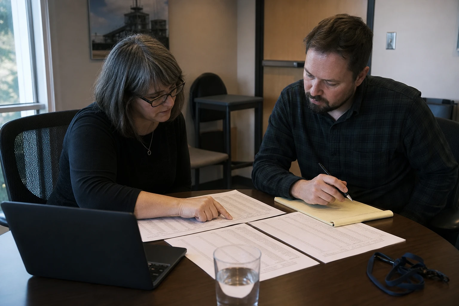 Two colleagues at a meeting table comparing several printed ruling documents, one running a finger down a list
