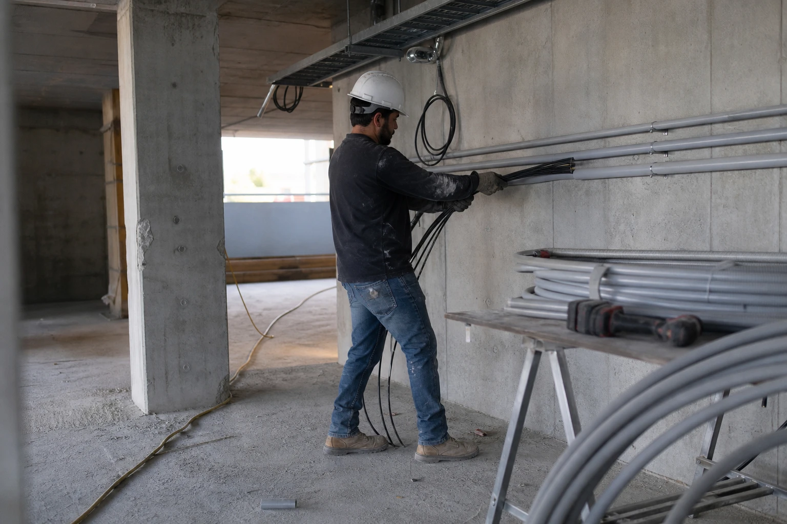 Electrician in a hard hat pulling a bundle of cable through grey conduit on a bare concrete wall in the parking level of a building under construction, coils of unused conduit and a cordless drill nearby