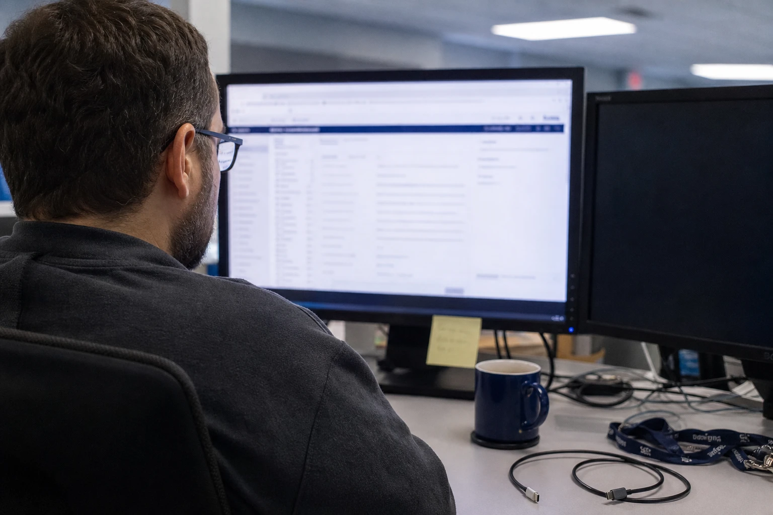 An integration tester at a screen in a utility back office, seen over the shoulder, with a second darkened monitor beside it