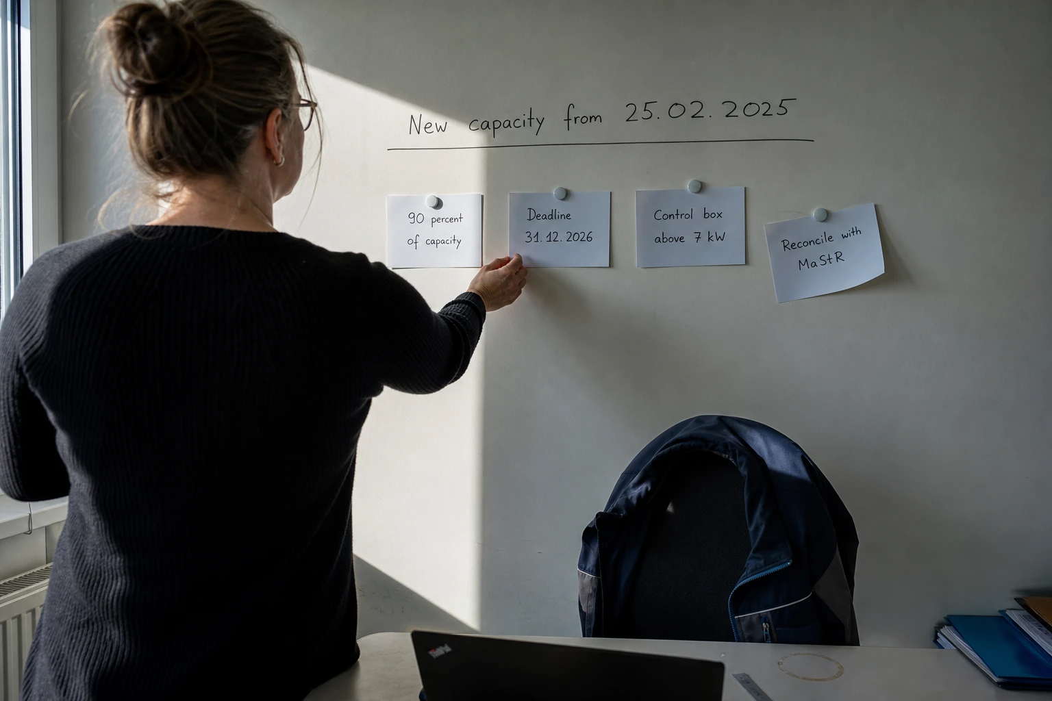 Employee of a municipal utility pinning a card reading Deadline 31.12.2026 to a planning wall headed New capacity from 25.02.2025