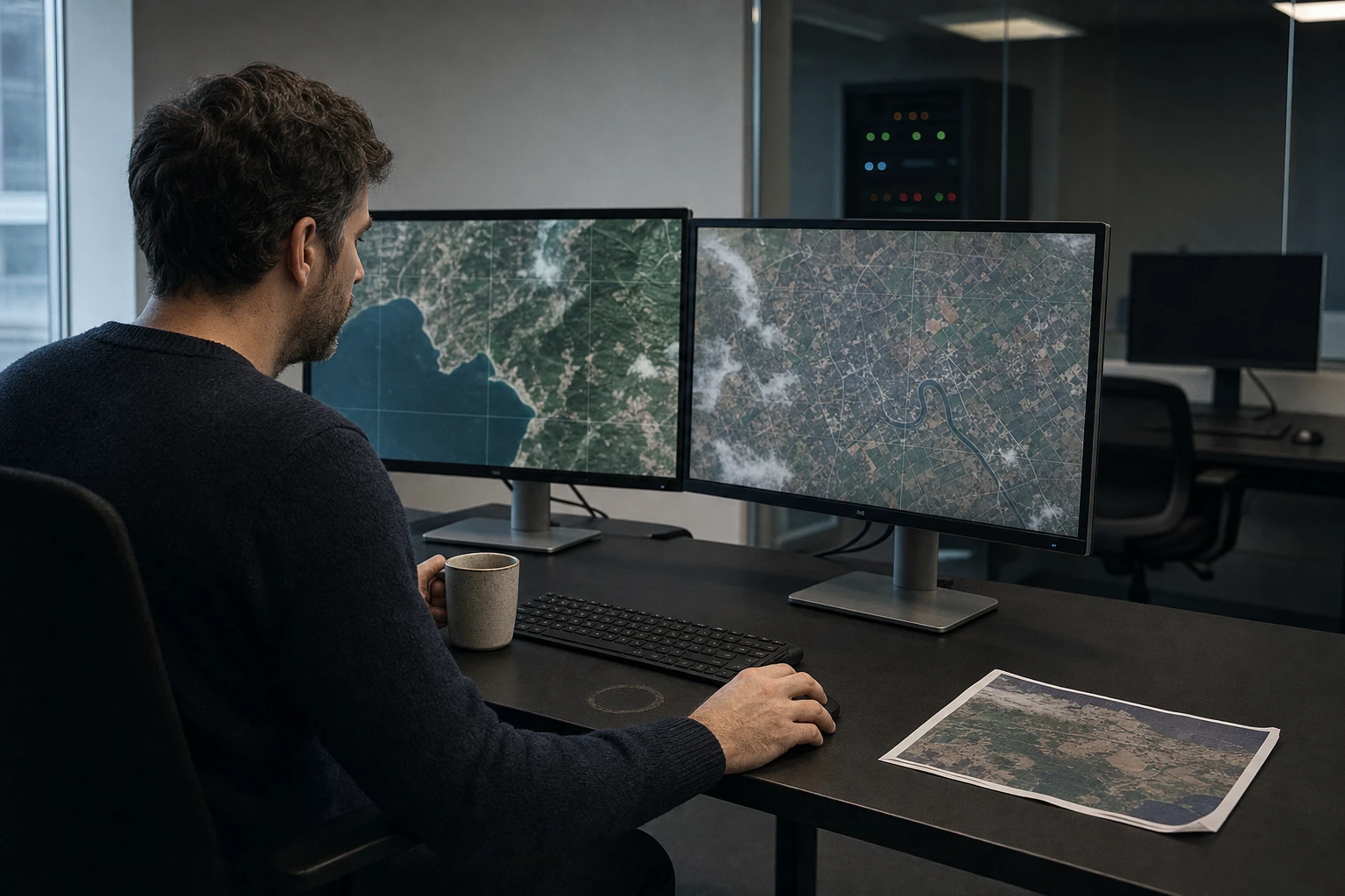 A geospatial analyst sits in a quiet earth-observation operations room in front of two large monitors showing muted satellite and map imagery.