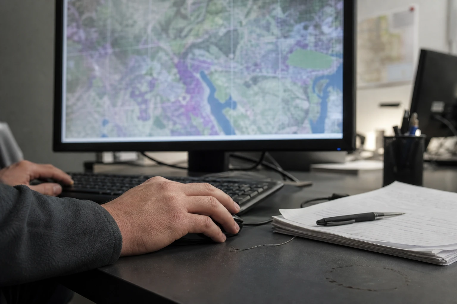 Close-up of an analyst's hands on a mouse and keyboard in front of a monitor with muted map imagery, click-based interaction with a map interface.