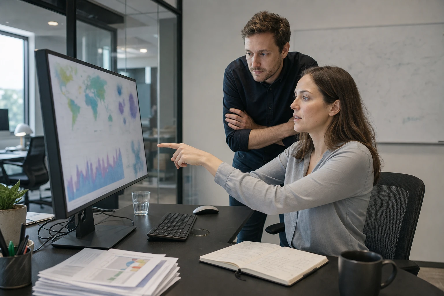 Two colleagues review results together on a monitor showing muted charts in a quiet office.