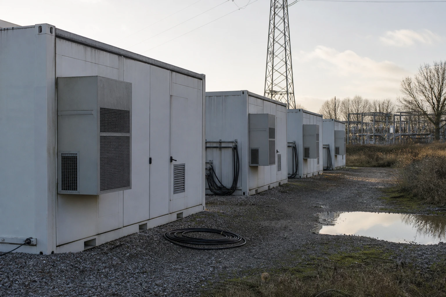 Row of battery storage containers on a gravel yard at the edge of a northern German substation