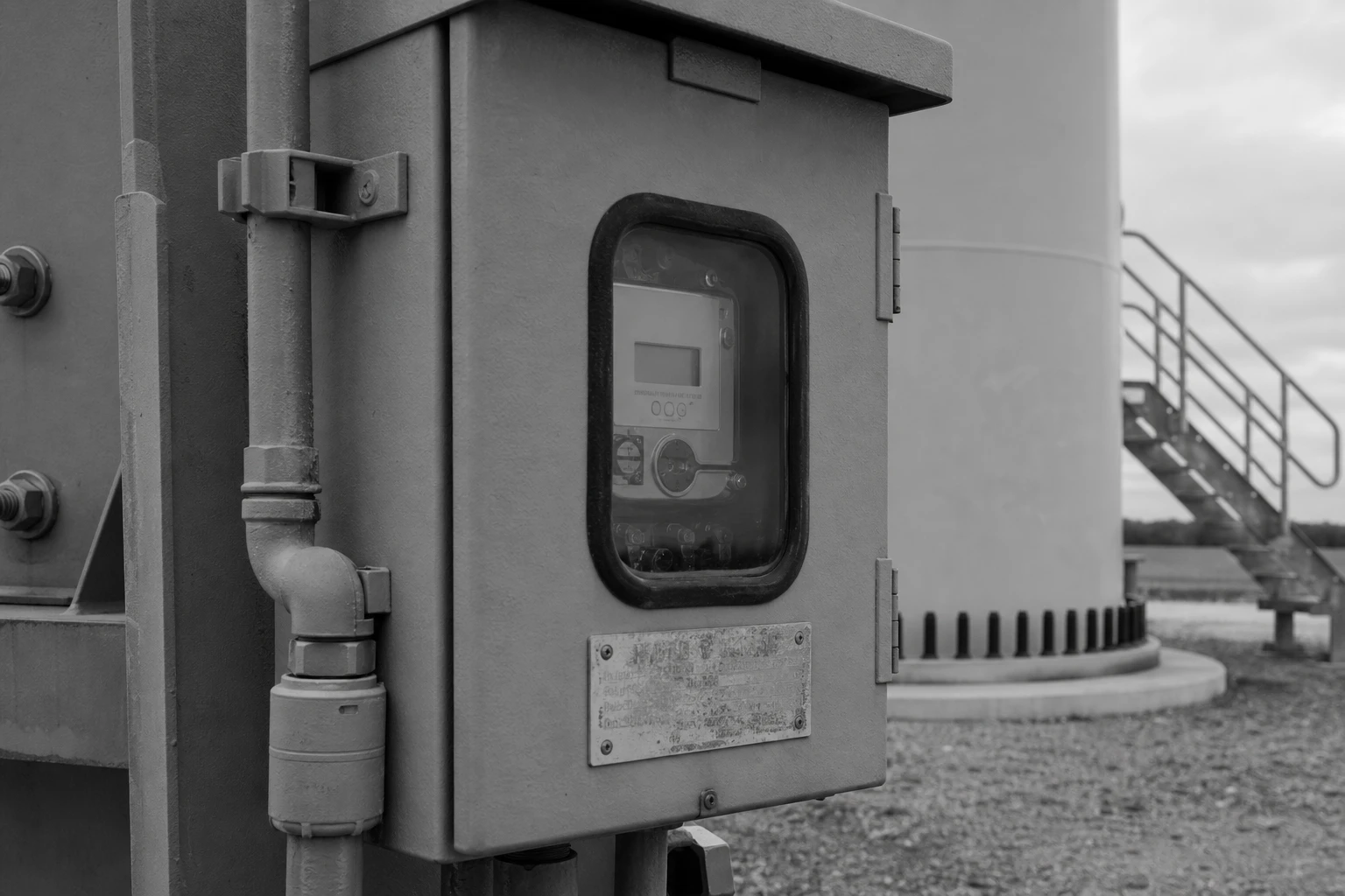 Close-up of a grey grid-connection and metering cabinet at a generation plant with a sealed meter, a wind turbine tower base behind, black and white