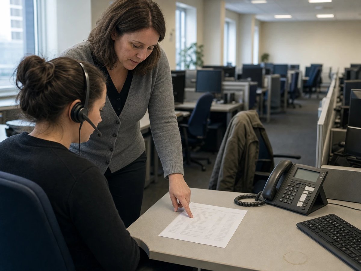 A team lead and a service agent wearing a headset review a printed checklist together in an office.