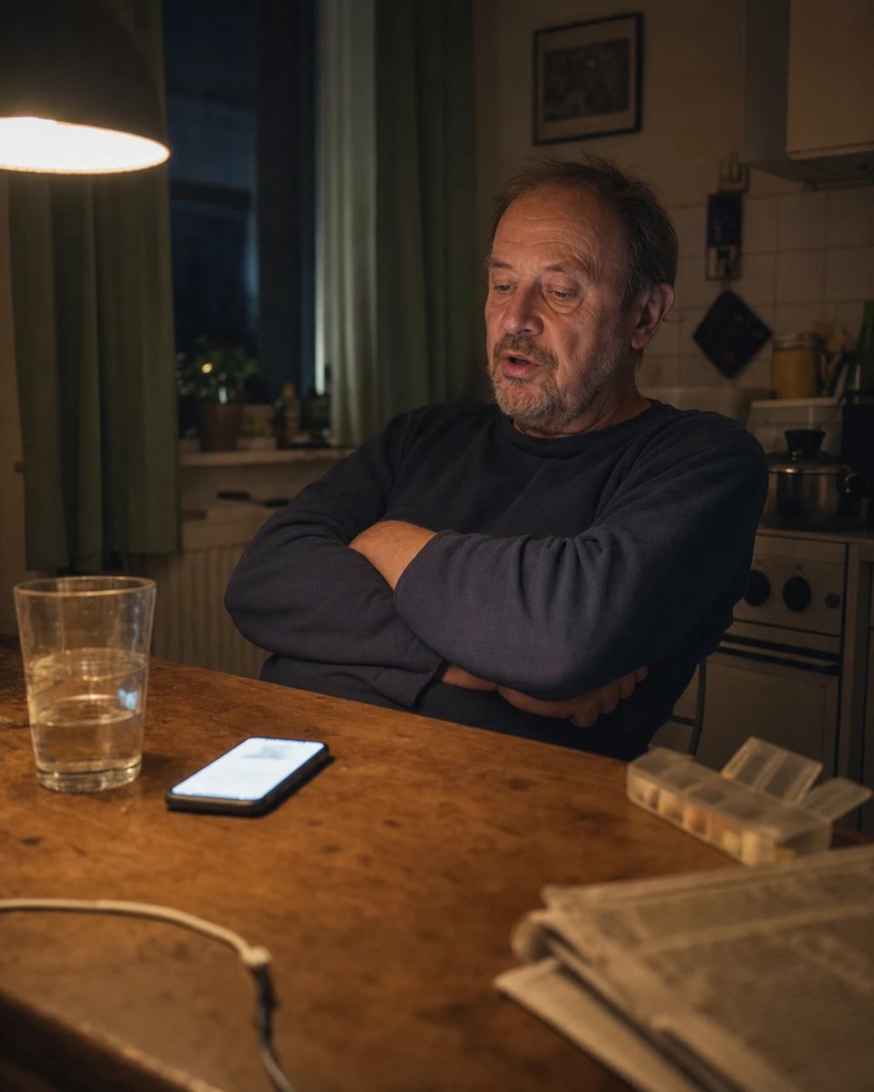 An older man sits alone at a kitchen table in the evening, talking to a smartphone that lies glowing in front of him.