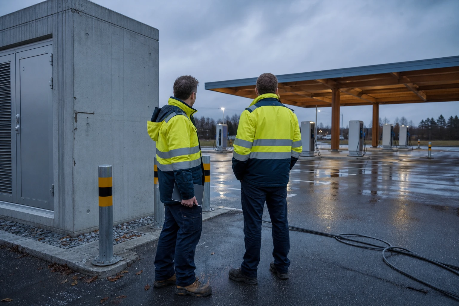 Two grid operator technicians in hi-vis jackets stand at a transformer substation next to a fast-charging park with several HPC chargers at dusk