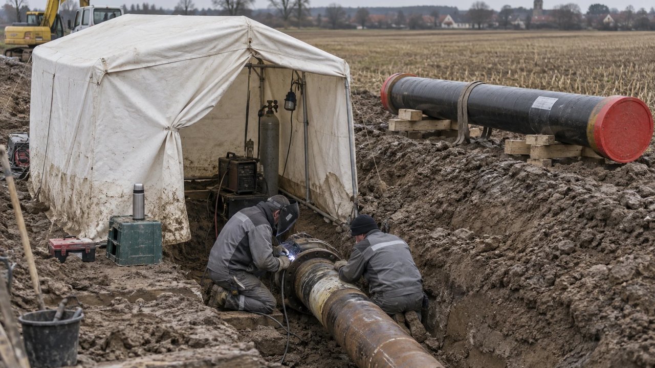 Pipeline conversion site with a welding tent over an open trench and a replacement pipe section resting on timber supports