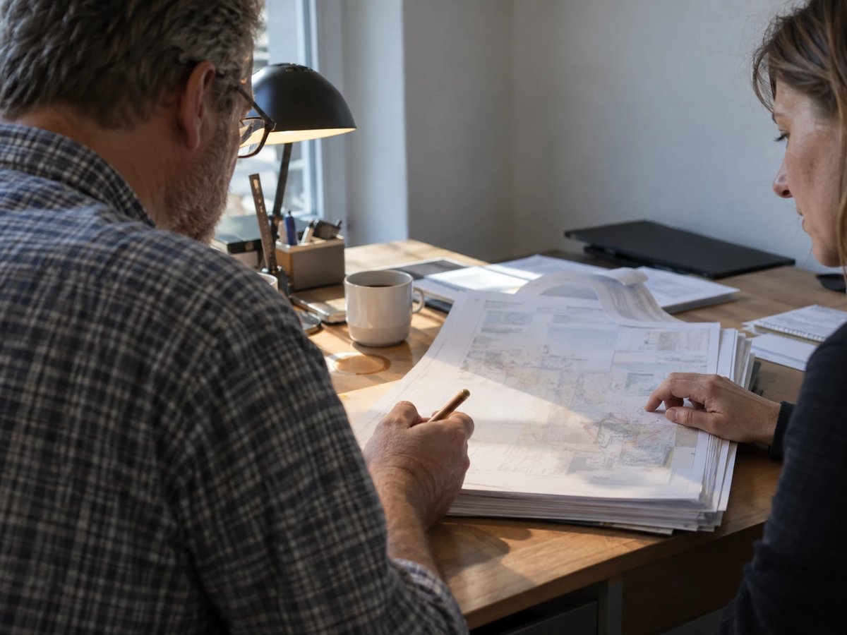 Two grid planners working over a thick stack of plan documents at a desk, a desk lamp the only warm light source