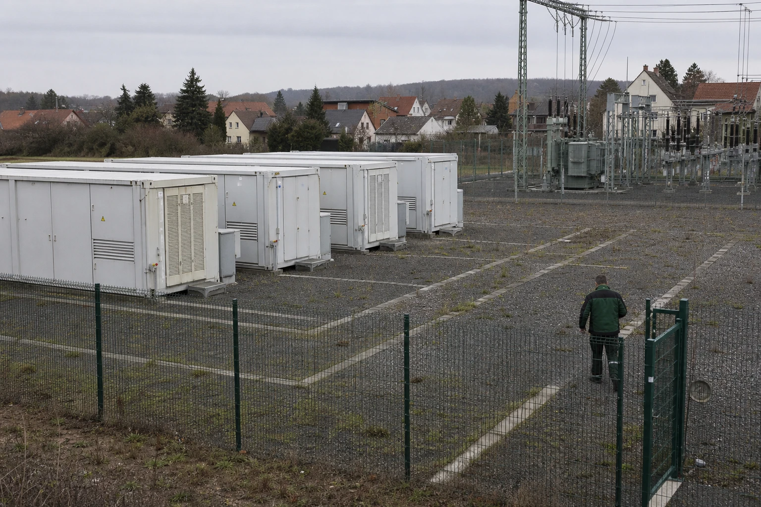 A row of grey battery storage containers on a gravel pad beside a distribution substation at the edge of a town, the pad for a second row already marked out