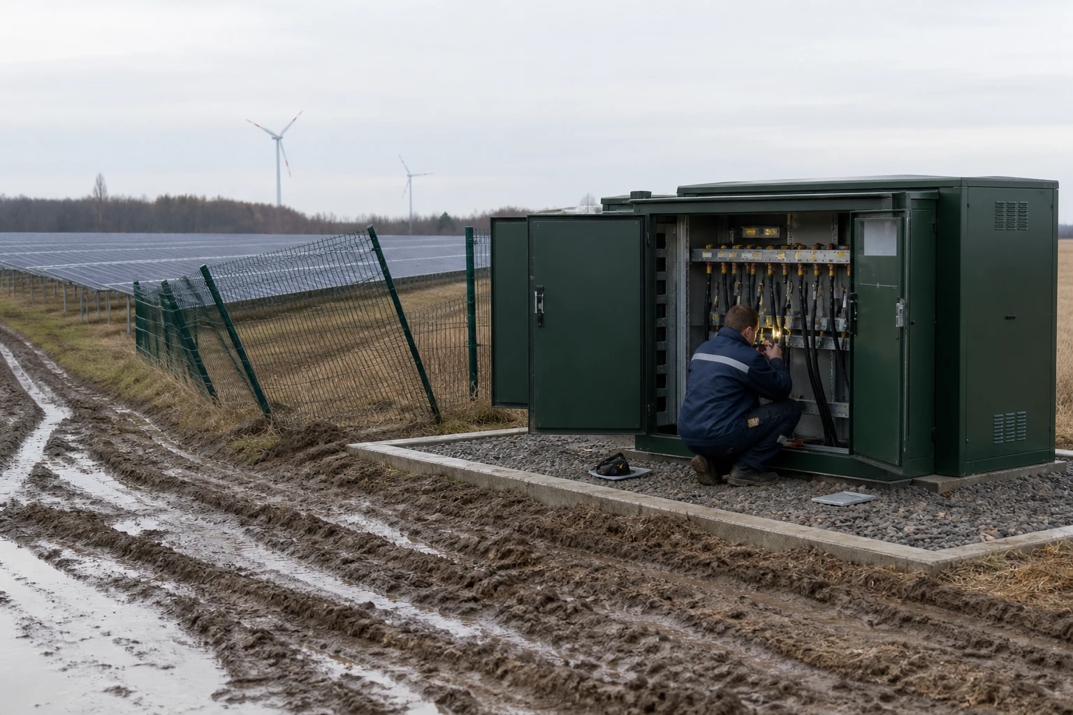 A shared grid connection point at the edge of a field with ground-mounted solar and two wind turbines in the background, a technician checking the opened compact substation